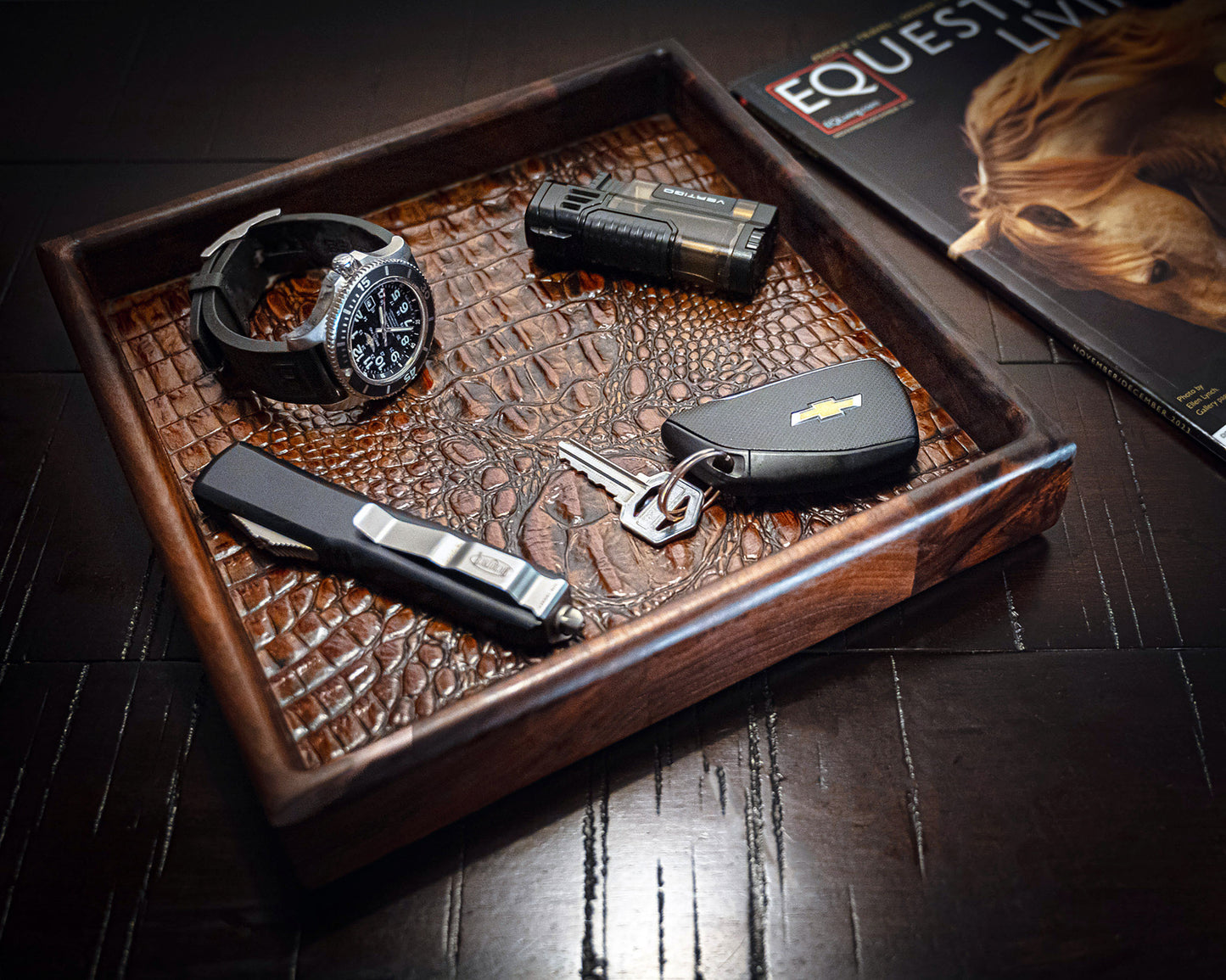Walnut Valet Tray with Alligator Cowhide Ciamillo Woodworks