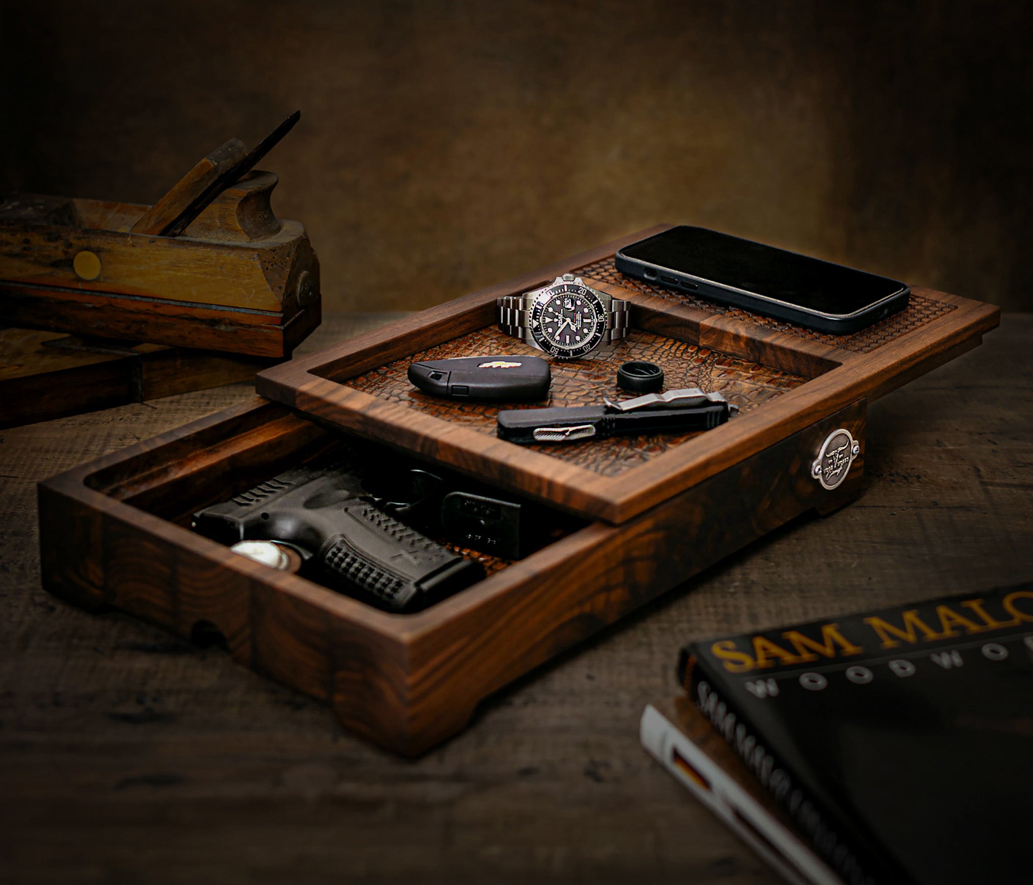 SALE! Charging Valet Tray with Hidden Storage (the Bunker Box) Ciamillo Woodworks