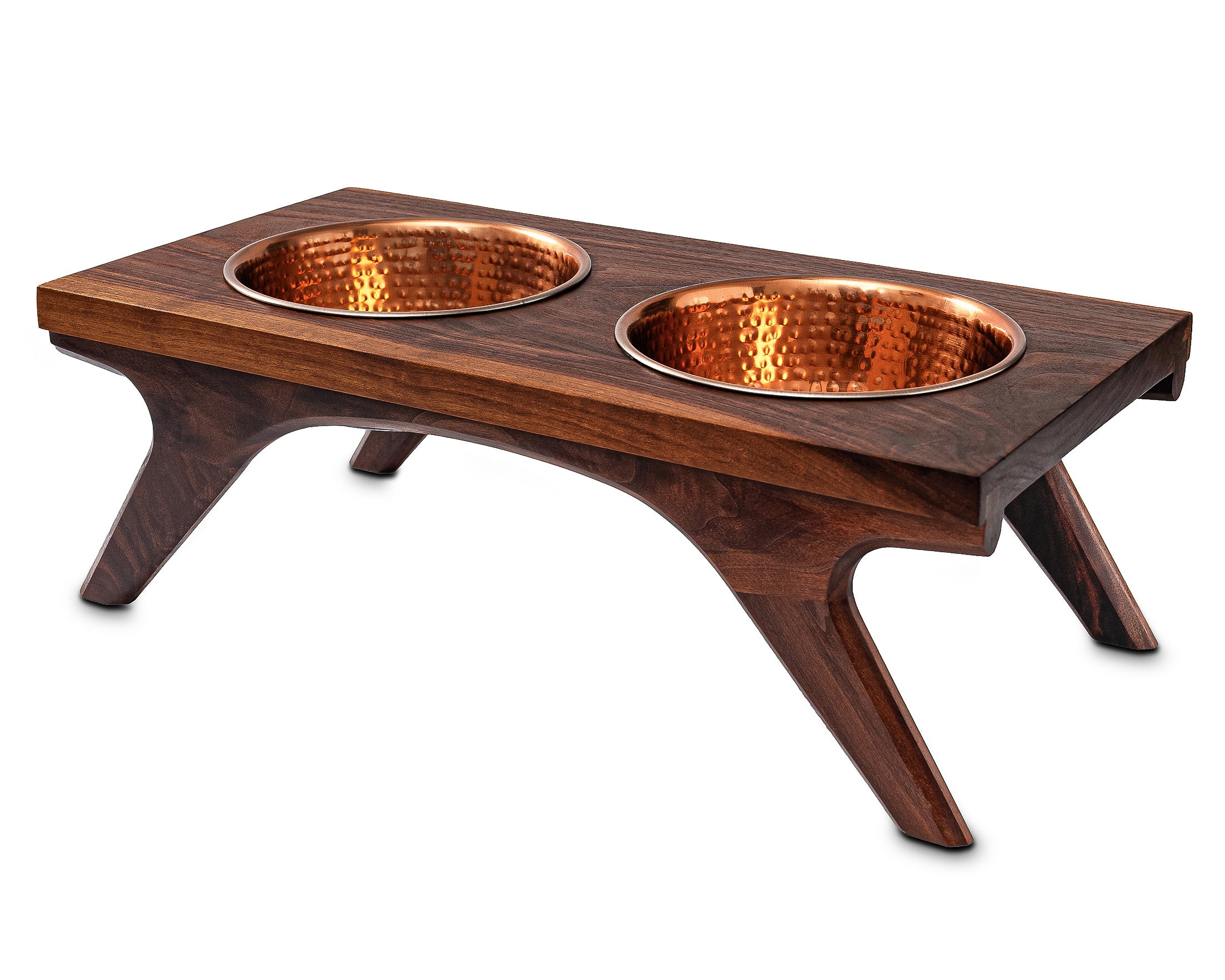 Walnut Elevated Large Dog Feeder with Hammered Bowls Ciamillo Woodworks